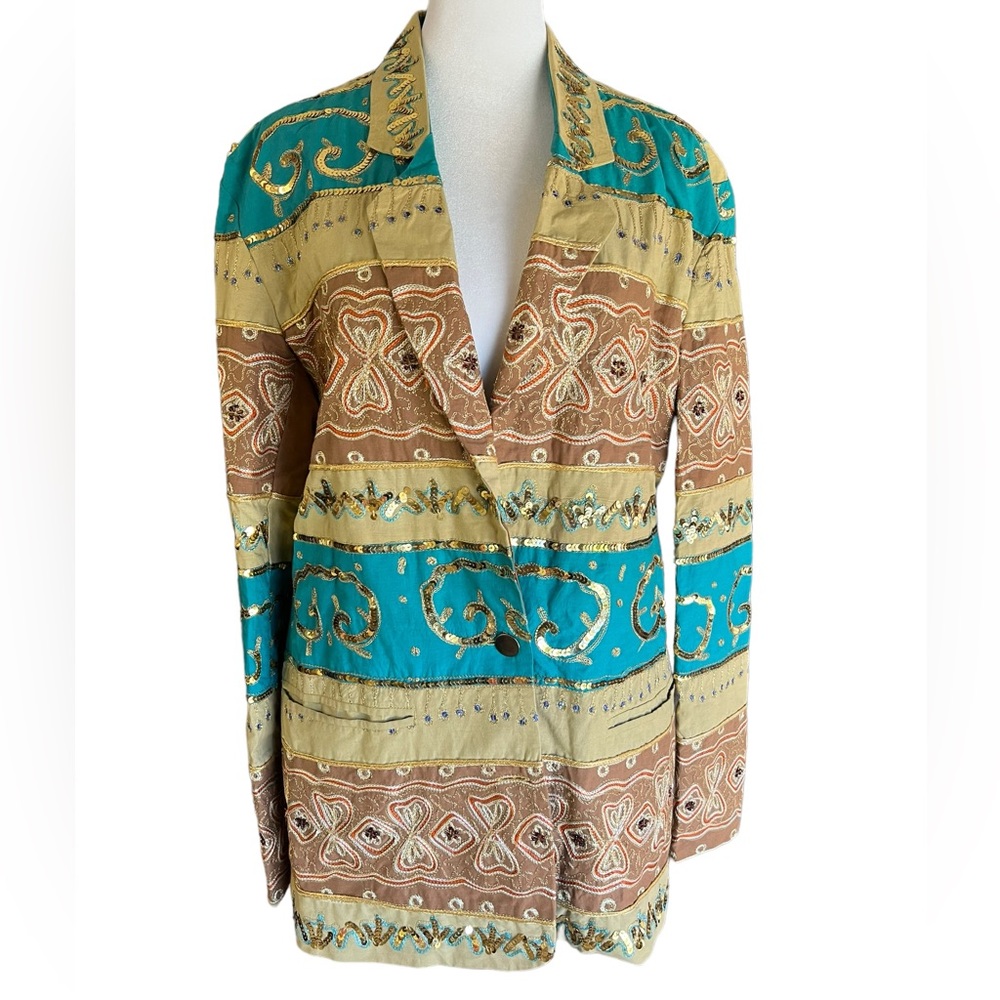 VTG LEW MAGRAM Collection Gold Turquoise Embroidered Sequined Blazer Jacket Sz S